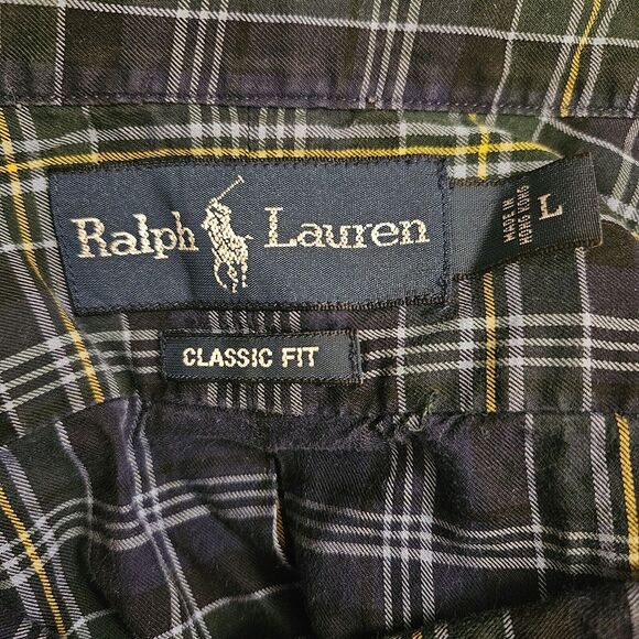 Ralph Lauren Button Down Shirt Men's Size L Classic Fit Blue‎ Green Yellow Plaid - Picture 3 of 6